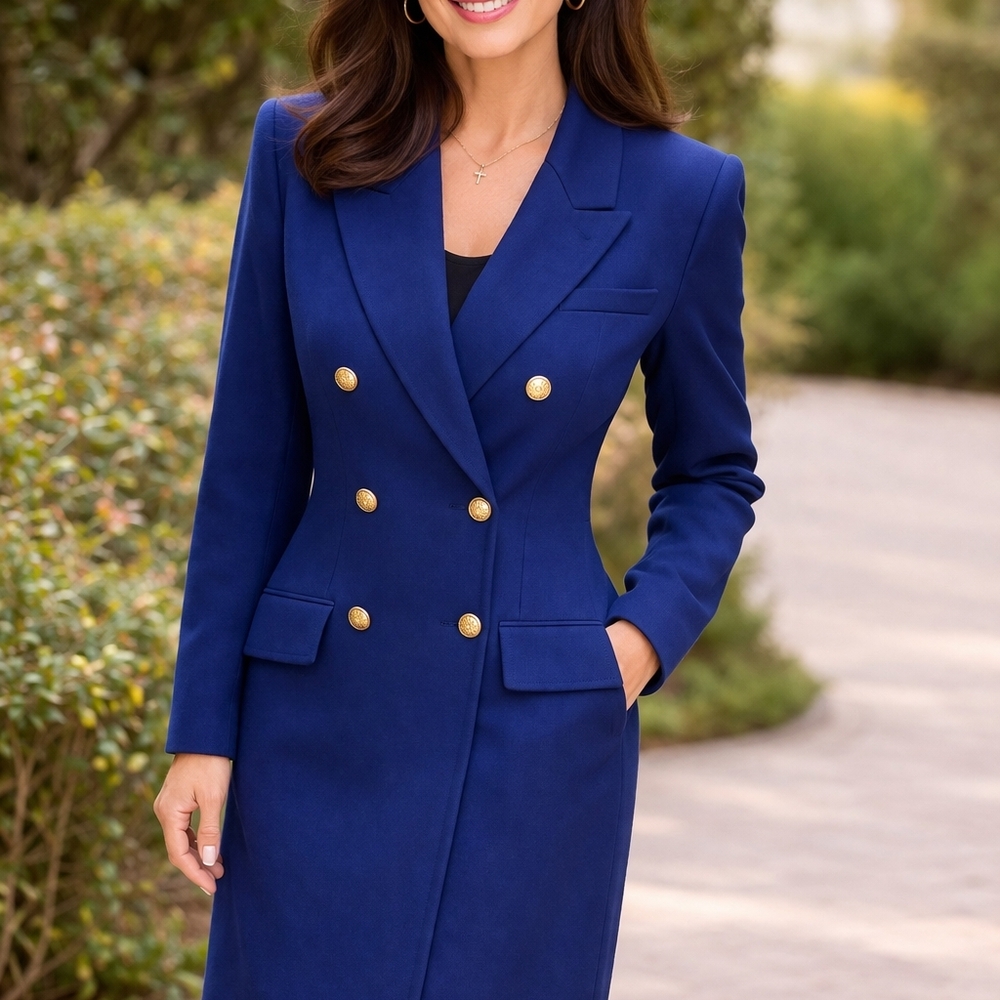 Classic Double-Breasted Navy Long Blazer Coat Dress